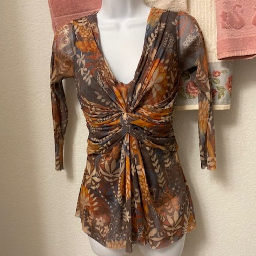 Dusty SAGE Ivory GOLD* lined body SHEER 3/4 SLV* Deep V* RUCHING SLIM FIT* S top